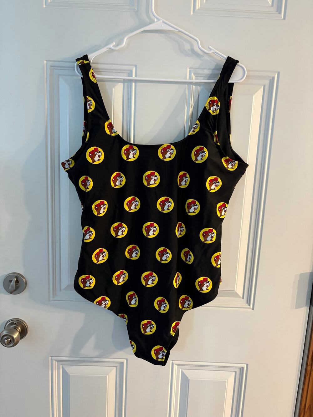 Buc-ees Black One-Piece Swimsuit with Yellow & Red Print